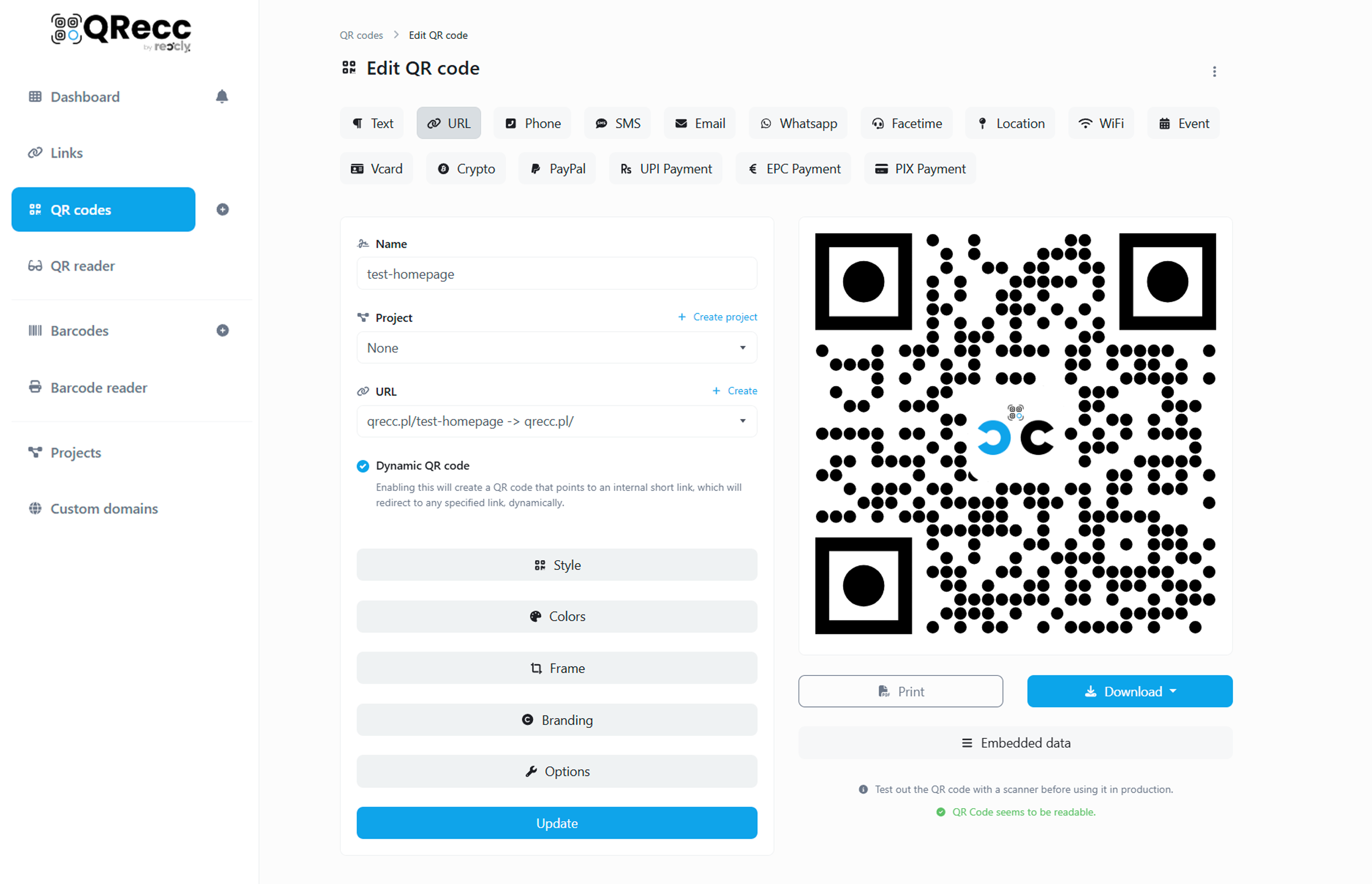 Screenshot of the QR code generator page